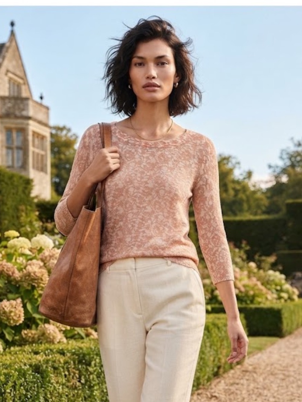 Talbots Tan Lace-Pattern Knit Top